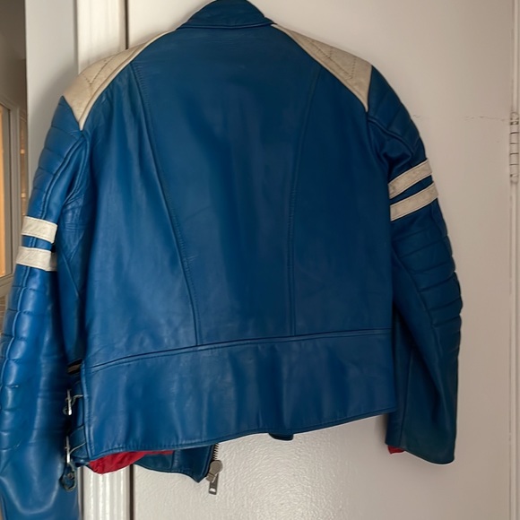 Unique Blue Genuine Leather Biker Jacket - Picture 8 of 8